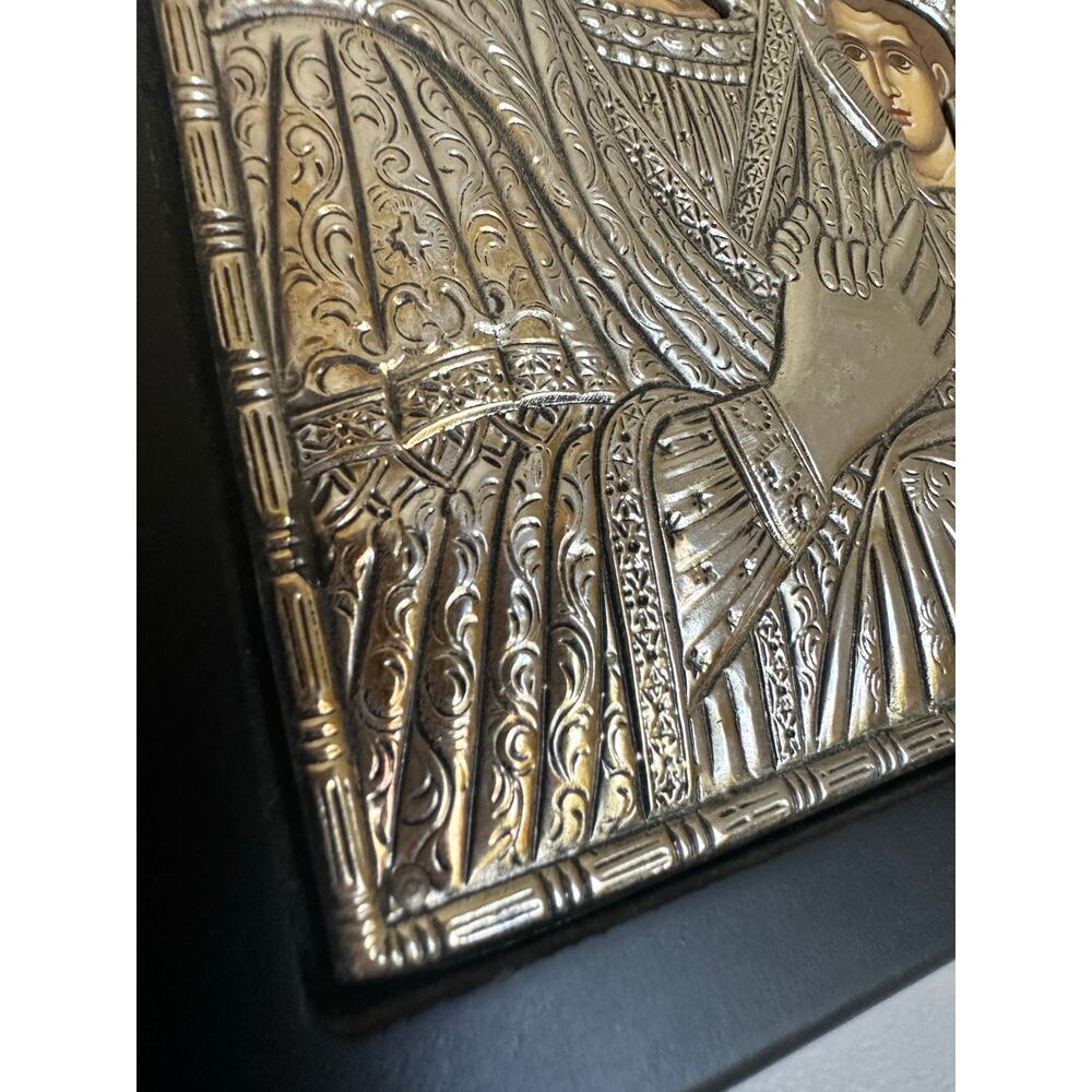 Byzantine Greek Orthodox 950 Pure Silver Icon Virgin Mary Child Jesus 6x5 - Picture 3 of 10